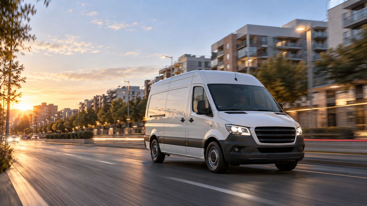 Furgoneta de transporte urgente en ciudad al amanecer